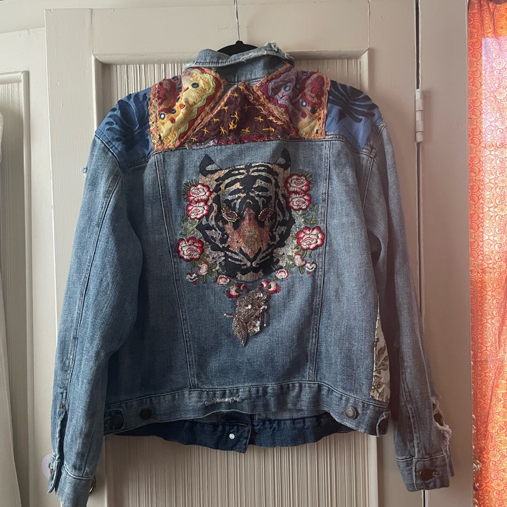 Vanilla Star Blue Denim Jacket with Tiger and Floral Embroidery